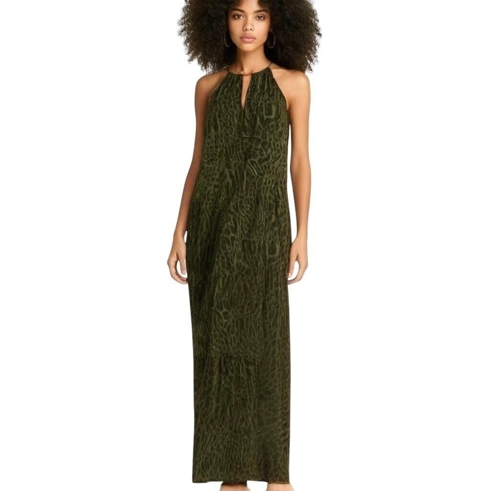 Lauren Ralph Lauren Olive Leopard Print Halter Maxi Dress Size 4 - Picture 8 of 14